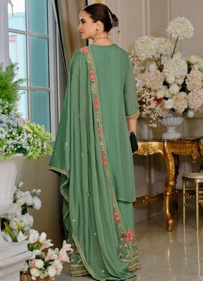 Green embroidered chinon free size stitched palazzo style salwar suit 3