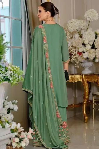 Green embroidered chinon free size stitched palazzo style salwar suit