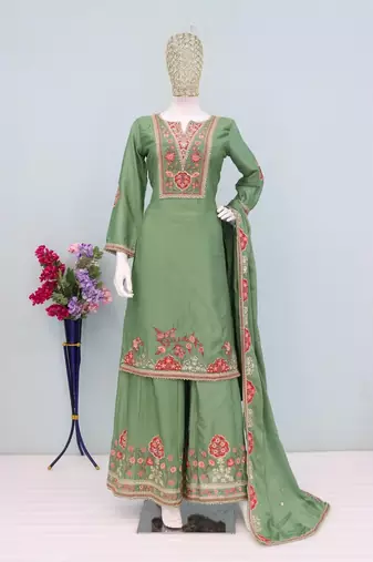 Green embroidered chinon free size stitched palazzo style salwar suit