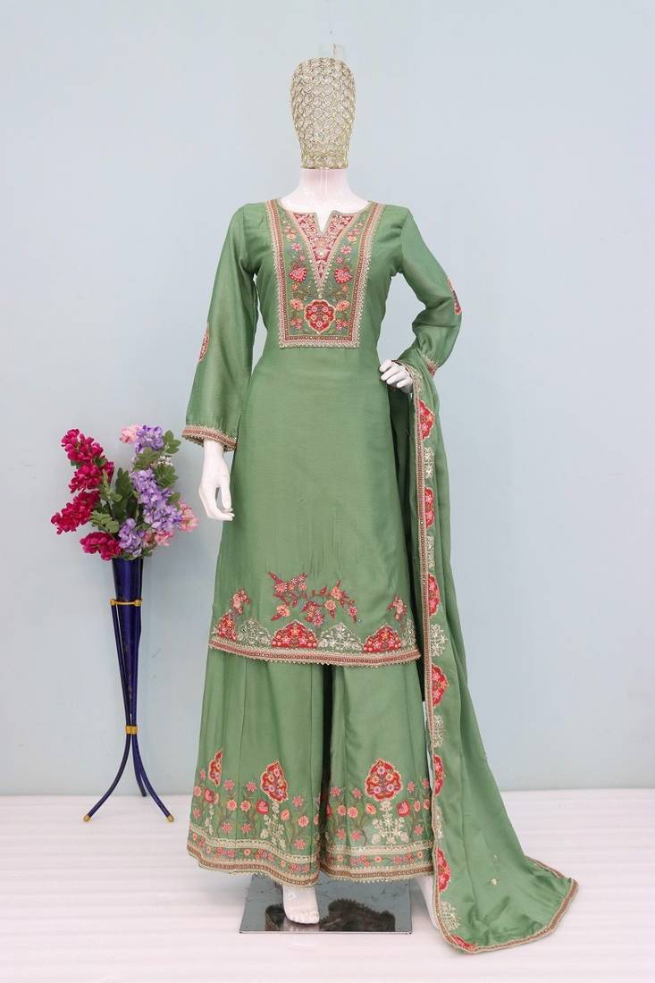 Green embroidered chinon free size stitched palazzo style salwar suit