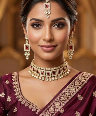Maroon necklace set with earrings & maang tikka | kundan & agate stone | lacquer plating 1