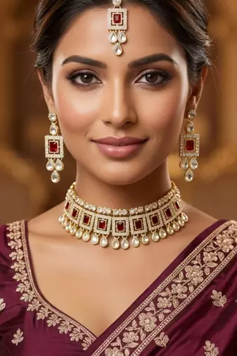 Maroon necklace set with earrings & maang tikka | kundan & agate stone | lacquer plating