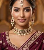 Maroon necklace set with earrings & maang tikka | kundan & agate stone | lacquer plating