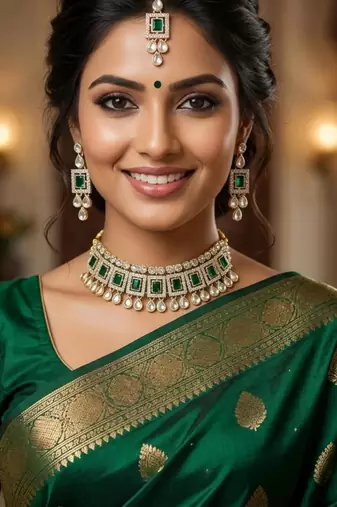 Green necklace set with earrings & maang tikka | kundan & agate stone | lacquer plating