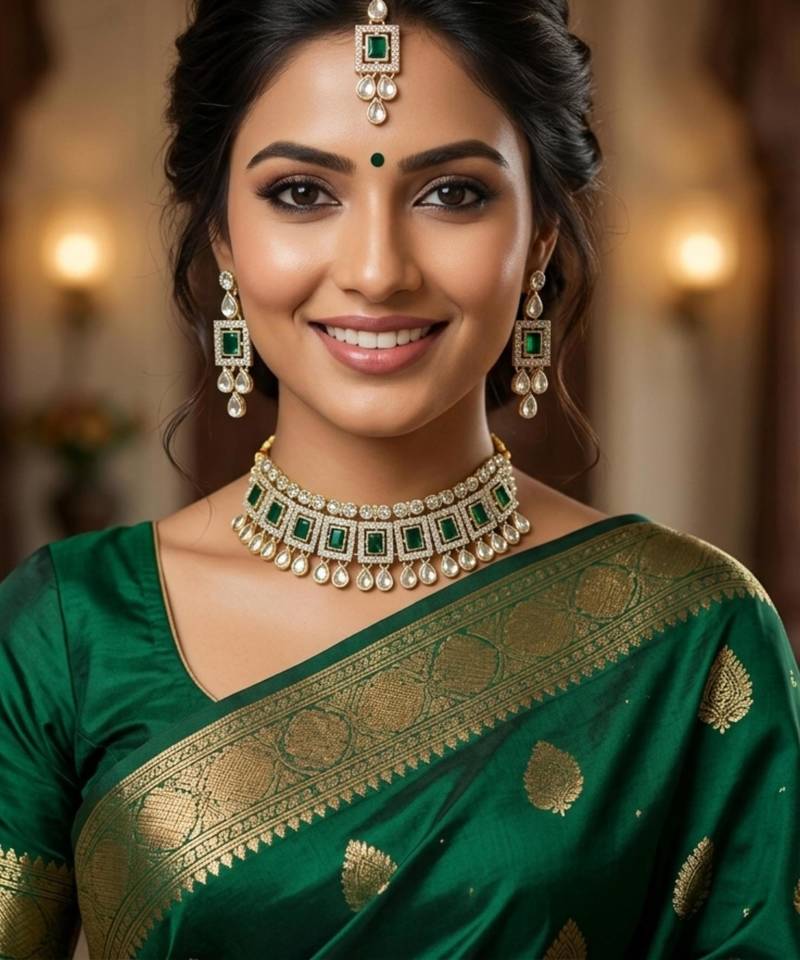 Green necklace set with earrings & maang tikka | kundan & agate stone | lacquer plating