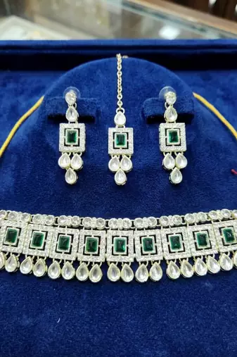 Green necklace set with earrings & maang tikka | kundan & agate stone | lacquer plating