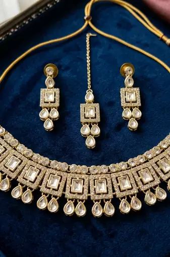 White necklace set with earrings & maang tikka | kundan & agate stone | lacquer plating