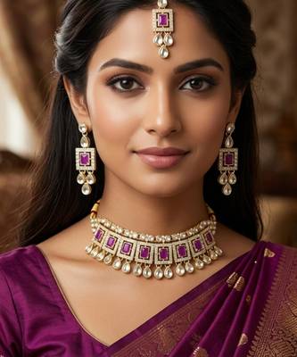 Purple necklace set with earrings & maang tikka | kundan & agate stone | lacquer plating 1