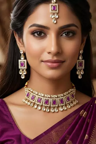 Purple necklace set with earrings & maang tikka | kundan & agate stone | lacquer plating