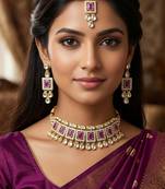 Purple necklace set with earrings & maang tikka | kundan & agate stone | lacquer plating