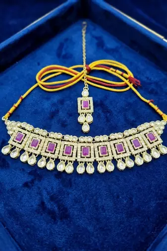 Purple necklace set with earrings & maang tikka | kundan & agate stone | lacquer plating