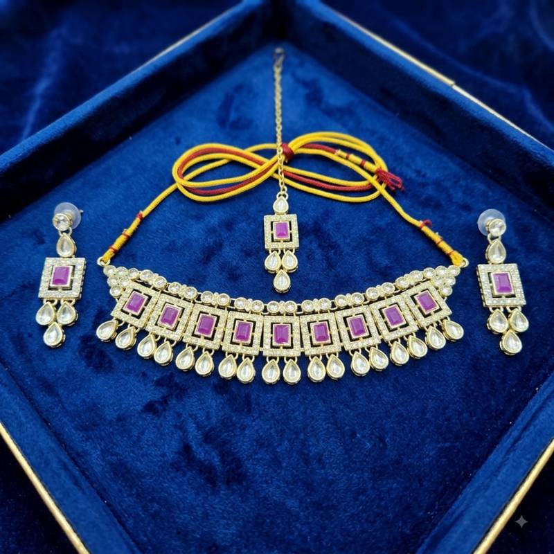 Purple necklace set with earrings & maang tikka | kundan & agate stone | lacquer plating