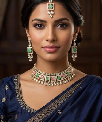 Pink pista necklace set with earrings & maang tikka | kundan & agate stone | lacquer plating 1