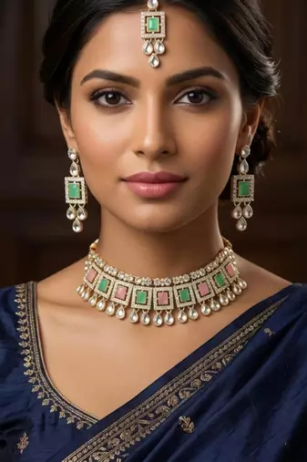 Pink pista necklace set with earrings & maang tikka | kundan & agate stone | lacquer plating