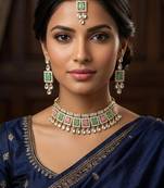 Pink pista necklace set with earrings & maang tikka | kundan & agate stone | lacquer plating