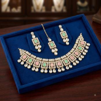 Pink pista necklace set with earrings & maang tikka | kundan & agate stone | lacquer plating 2