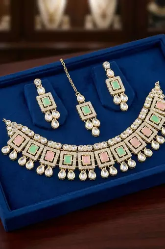Pink pista necklace set with earrings & maang tikka | kundan & agate stone | lacquer plating