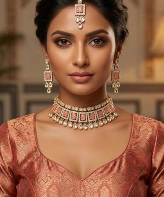 Pink necklace set with earrings & maang tikka | kundan & agate stone | lacquer plating 1