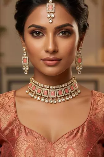 Pink necklace set with earrings & maang tikka | kundan & agate stone | lacquer plating