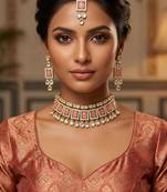 Pink necklace set with earrings & maang tikka | kundan & agate stone | lacquer plating