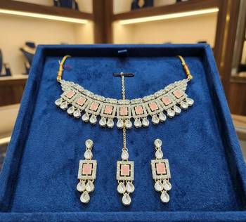 Pink necklace set with earrings & maang tikka | kundan & agate stone | lacquer plating 2