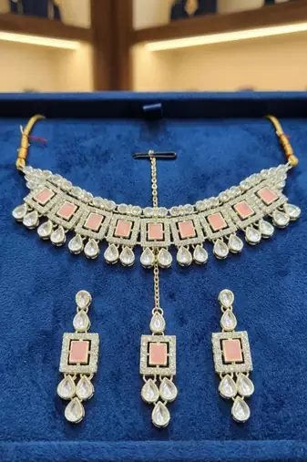 Pink necklace set with earrings & maang tikka | kundan & agate stone | lacquer plating