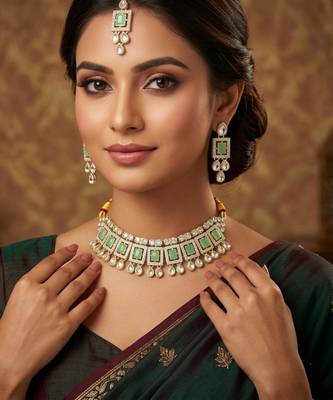 Pista necklace set with earrings & maang tikka | kundan & agate stone | lacquer plating 1