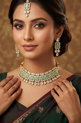 Pista necklace set with earrings & maang tikka | kundan & agate stone | lacquer plating