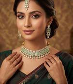 Pista necklace set with earrings & maang tikka | kundan & agate stone | lacquer plating