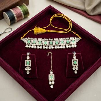 Pista necklace set with earrings & maang tikka | kundan & agate stone | lacquer plating 2