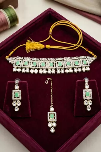 Pista necklace set with earrings & maang tikka | kundan & agate stone | lacquer plating