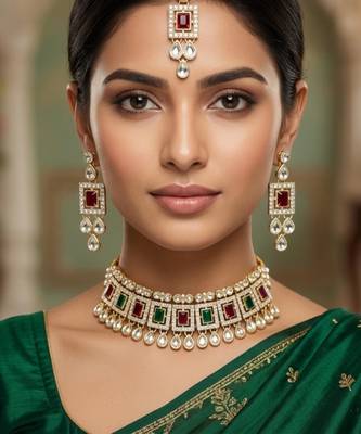 Maroon green necklace set with earrings & maang tikka | kundan & agate stone | lacquer plating 1