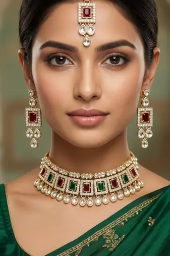 Maroon green necklace set with earrings & maang tikka | kundan & agate stone | lacquer plating