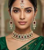 Maroon green necklace set with earrings & maang tikka | kundan & agate stone | lacquer plating