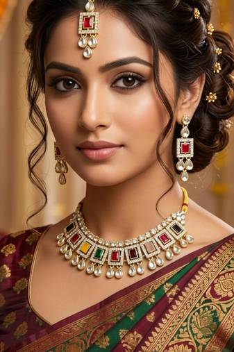 Multicolor necklace set with earrings & maang tikka | kundan & agate stone | lacquer plating