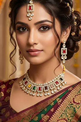 Multicolor necklace set with earrings & maang tikka | kundan & agate stone | lacquer plating