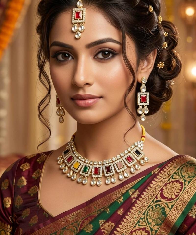 Multicolor necklace set with earrings & maang tikka | kundan & agate stone | lacquer plating