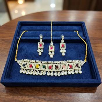 Multicolor necklace set with earrings & maang tikka | kundan & agate stone | lacquer plating 2