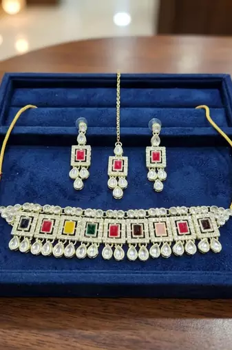 Multicolor necklace set with earrings & maang tikka | kundan & agate stone | lacquer plating