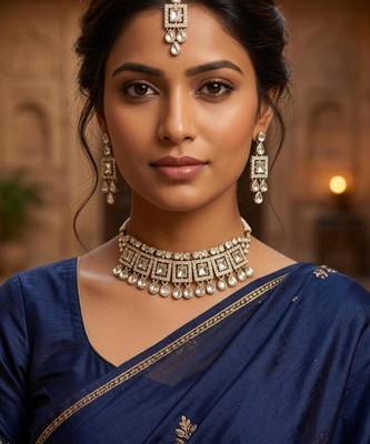 White color necklace set with earrings & maang tikka | kundan & agate stone | silver plated 1