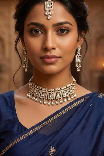 White color necklace set with earrings & maang tikka | kundan & agate stone | silver plated