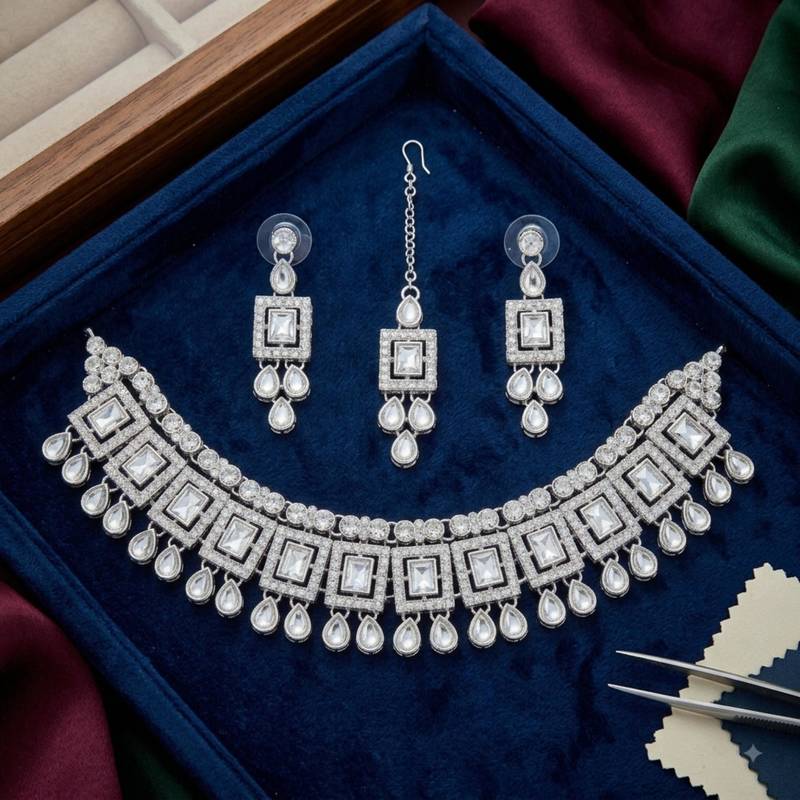 White color necklace set with earrings & maang tikka | kundan & agate stone | silver plated