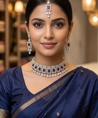 Maroon color necklace set with earrings & maang tikka | kundan & agate stone | silver plated 1