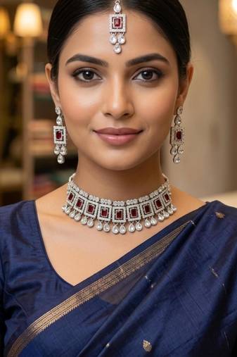 Maroon color necklace set with earrings & maang tikka | kundan & agate stone | silver plated