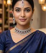 Maroon color necklace set with earrings & maang tikka | kundan & agate stone | silver plated