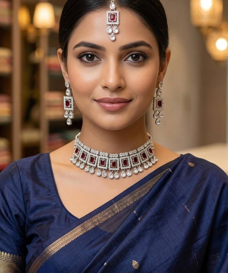 Maroon color necklace set with earrings & maang tikka | kundan & agate stone | silver plated