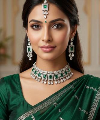 Green color necklace set with earrings & maang tikka | kundan & agate stone | silver plated 1