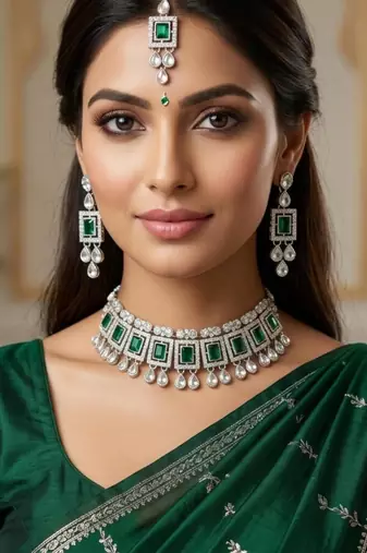 Green color necklace set with earrings & maang tikka | kundan & agate stone | silver plated