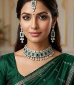 Green color necklace set with earrings & maang tikka | kundan & agate stone | silver plated