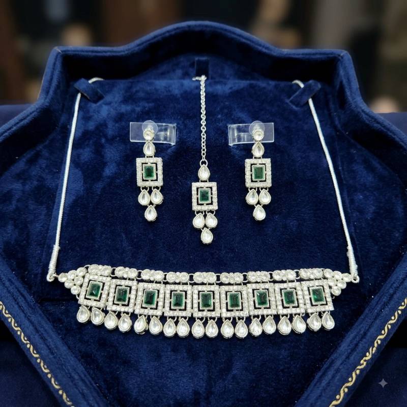 Green color necklace set with earrings & maang tikka | kundan & agate stone | silver plated